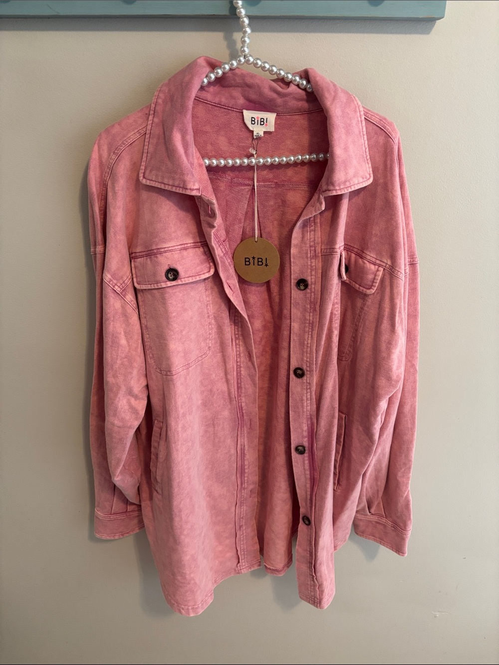 NEW BiBi Pink Shacket Jacket Women XL Mineral Wash Button Front 100% Cotton